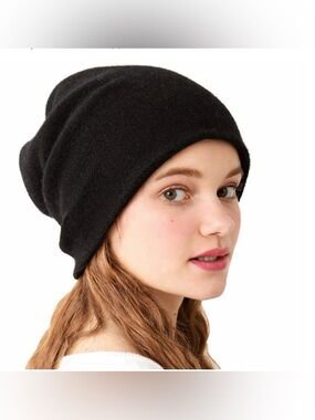 WaySoft 100% Cashmere Double Layered Beanie Women One Size Black Slouchy Ski Hat